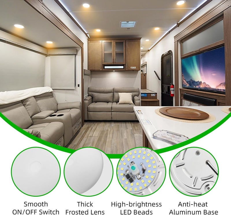 ULITECO RV Light Interior 12V, 4.5Inch RV Ceiling Dome Light, RV LED Puck Light with ON/Off Switch, 500LM Camper Lights Fixture for RV Boat Camper Trailer (3200K Warm White, 2PCS) - Image 2